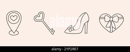 Hochzeit Hand gezeichnet Doodle Symbol Set - Geotag, Position, Schlüssel, Schuhe, Geschenkbox. Skizzieren Sie im organischen Stil Vektor-Heiratssymbol auf weißem Hintergrund für Stock Vektor