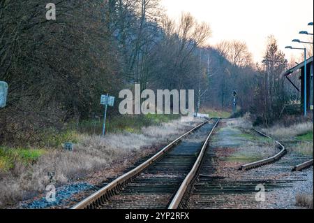 Ein nostalgischer Blick auf die Bahngleise, Signale und den Bahnhof im Dorf Bila Voda, der eine kleine lokale Linie am Rande der Schließung darstellt, evokin Stockfoto