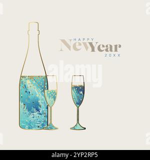 Minimalistischer Neujahrsfeier-Flyer-Karte mit Champagnerflasche und Gläsern auf hellem Pastellhintergrund und blauem Inhalt Stock Vektor