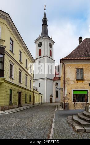 Ein atemberaubender Blick auf eine Kirche mit einem hohen Turm in der Stadt Kraliky, die ihre historische Architektur und ihre ruhige Präsenz vor dem Hintergrund von zeigt Stockfoto