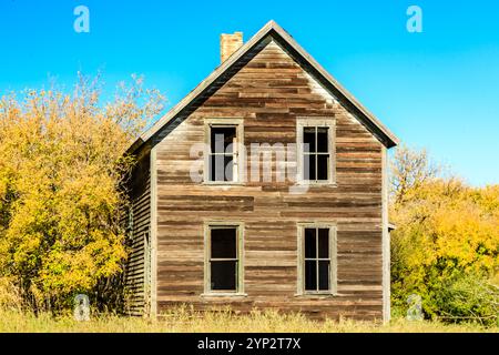 Ein großes, altes Haus mit einem Kamin sitzt auf einem Feld. Das Haus ist von Bäumen umgeben und er wird verlassen Stockfoto