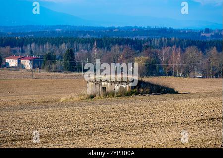 Ein historischer Blick auf einen tschechoslowakischen Anti-Infanterie-Bunker, bekannt als „Ropik“, der auf einem von Bäumen umgebenen Feld steht und an die Vergangenheit und seinen Wartim erinnert Stockfoto