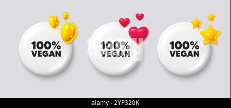 100 % vegan. Bio-Lebensmittel-Zeichen. Weiße Tasten mit 3D-Symbolen. Vektor Stock Vektor
