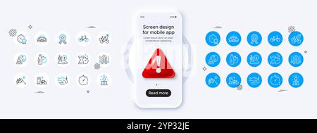 Symbole für Angeln, Erfolg und Angelplatz. Für Web-App drucken. Modell des Telefons mit 3D-Gefahrensymbol. Vektor Stock Vektor