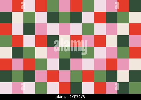 Abstraktes quadratisches Geometriemuster. Farbenfroher Mosaikgitterhintergrund. Kariertes, lustiges Design in Pink, Grün, Rot und Beige Stock Vektor