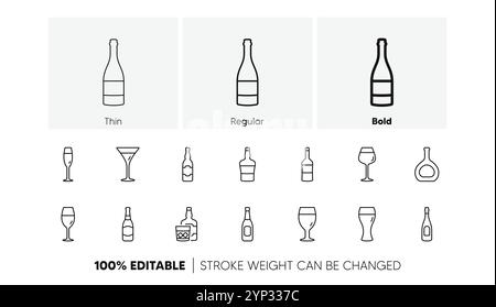 Symbole für die Flaschenlinie. Biergetränke, Weinglas und Whiskey-Flasche. Lineare Symbolgruppe. Zeilensymbole. Vektor Stock Vektor