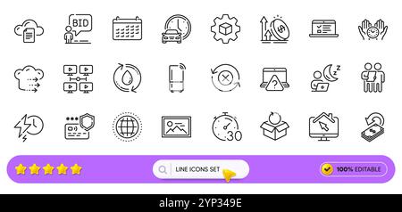Zeilensymbole für Umfrage, Produktentwicklung und Kalender für Web-App. Piktogramsymbol. Zeilensymbole. Vektor Stock Vektor