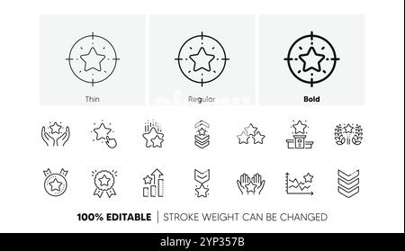 Symbole für Rangfolge. Erster Platz, Sternebewertung und Gewinnermedaille. Lineares Set. Zeilensymbole. Vektor Stock Vektor
