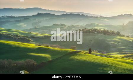 Landschaft in Pienza mit sanften Hügeln bei Sonnenuntergang. Ein typischer Blick auf das Val d'Orcia. Provinz Siena, Toskana, Italien Stockfoto