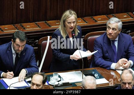 Roma, Italien. Oktober 2022. Foto Roberto Monaldo/LaPresse25-10-2022 Roma (Italia) Politica Camera dei Deputati - Dichiarazioni programmatiche del presidente del Consiglio Giorgia Meloni e voto di fiducia al Governno Nella foto Matteo Salvini, Giorgia Meloni, Antonio Tajani 25-10-2022 Rom (Italien Stockfoto