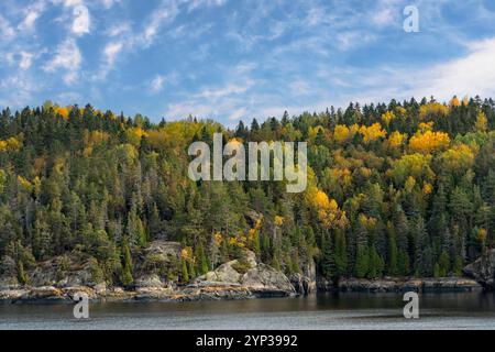 Lebhafte Herbstfarben entlang der Küste von Saguenay, Quebec, Kanada Stockfoto