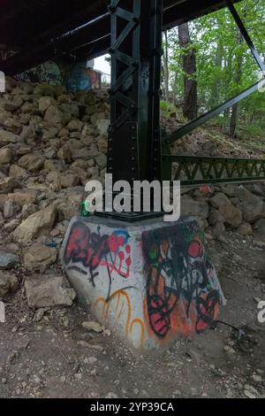 Farbenfrohe Graffiti auf Betonstütze der Metallbrücke im Waldgebiet. Stockfoto