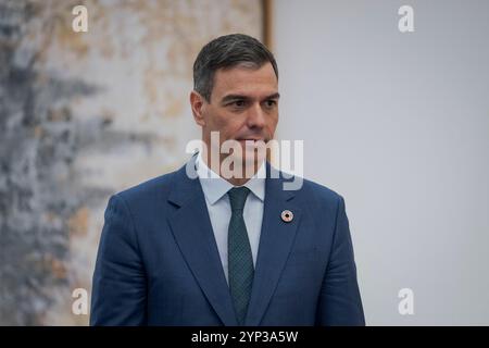 Madrid, Spanien. November 2024. Spaniens Premierminister Pedro Sanchez wurde während einer Zeremonie bilateraler Abkommen zwischen Spanien und dem Irak im Moncloa-Palast gesehen. Quelle: SOPA Images Limited/Alamy Live News Stockfoto