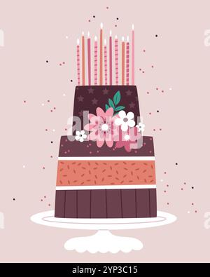 Wunderschöner zweistöckiger Schokoladenkuchen mit Kerzen und Blumen in Vintage-Farben. Geburtstag. Konfetti. Stock Vektor