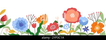 Horizontales Banner mit verschiedenen Wildblumen. Blumenset auf weißem Hintergrund. Langes, nahtloses Unterbanner mit verschiedenen Wildblumen und Grün. Stock Vektor