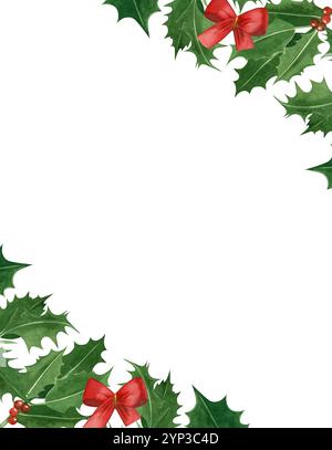 Weihnachtskarte aus stechpalmenblättern mit roten Beeren und einer roten Weihnachtsschleife. Alle Objekte sind handbemalt mit Aquarellen. Aquarellkarte. Geeignet Stockfoto