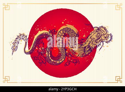 Vektor-Illustration eines goldenen chinesischen Drachen. Tätowierung des asiatischen Drachen auf rotem Hintergrund im asiatischen Stil. Chinesisches Neujahr 2024. Stock Vektor