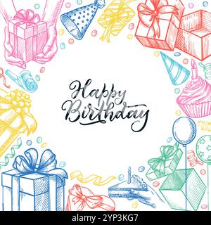 Happy Birthday farbenfrohe Geschenke und Dekoration quadratischer Rahmen. Vektor handgezeichnete Skizze Vintage Illustration. Weihnachtsbanner, Poster, Etikettenverpackung Stock Vektor