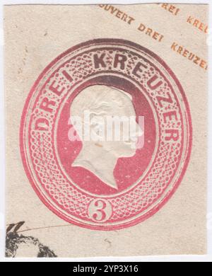 ÖSTERREICH - UM 1867: Fragment des Originalumschlags mit vorgedruckter roséroter 5-Kreuzmarke mit geprägtem Porträt des jungen Monarchen Franz Josef. Franz Joseph I. oder Franz Joseph I. war vom 2. Dezember 1848 bis zu seinem Tod am 21. November 1916 Kaiser von Österreich, König von Ungarn und den anderen staaten der Habsburgermonarchie. Zu Beginn seiner Regierungszeit wurden seine Reiche und Gebiete als Österreichisches Reich bezeichnet, wurden aber 1867 als Doppelmonarchie des Österreichisch-Ungarischen Reiches wiederaufgebaut Stockfoto