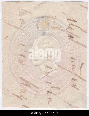 ÖSTERREICH - UM 1867: Fragment der Rückseite des Originalumschlags mit vorgedruckter rosaroter 5-Kreuzmarke mit geprägtem Porträt des jungen Monarchen Franz Josef. Franz Joseph I. oder Franz Joseph I. war vom 2. Dezember 1848 bis zu seinem Tod am 21. November 1916 Kaiser von Österreich, König von Ungarn und den anderen staaten der Habsburgermonarchie. Zu Beginn seiner Regierungszeit wurden seine Reiche und Gebiete als Österreichisches Reich bezeichnet, wurden aber 1867 als Doppelmonarchie des Österreichisch-Ungarischen Reiches wiederaufgebaut Stockfoto