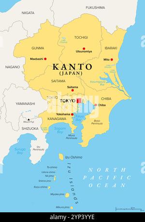 Kanto-Region von Japan, politische Karte. Geografische Region der Insel Honshu, einschließlich des Großraums Tokio. Stockfoto