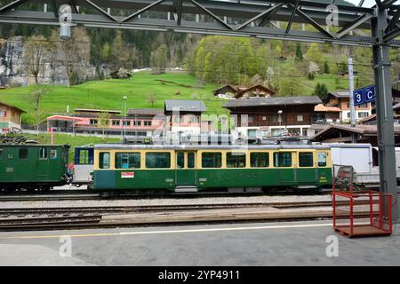 Eisenbahn, Lauterbrunnen Dorf, Lauterbrunnental, Lauterbrunnental, Jungfrauregion, kanton Bern, Schweiz, Schweiz, Suisse, Svájc Stockfoto