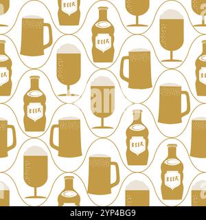 Bierflasche, Gläser und das Wort Bier nahtlose Vektormuster Hintergrund. Handgezeichnete alkoholische Getränkeflaschen, Schaum-Bierbecher und Text-Hintergrund Stock Vektor