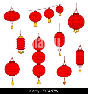 Red Paper Laterne Collection. Traditionelle asiatische Lampen mit Quasten, Knoten und Streicher, verschiedene Formen, einfaches Symbol-Set. Stock Vektor