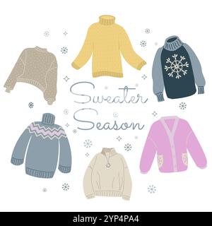 Satz Pullover für Verkauf Banner, gemütlicher Winter, Stricken Hobby Themenkarte, Flyer, Web Banner, Einladung isoliert auf weißem Hintergrund Stock Vektor