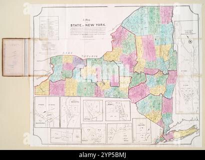 Eine Karte des Bundesstaates New York: Zeigt die Situation und Grenzen der einzelnen Städte, Gemeinden und Grafschaften und gibt in jeder Stadt, jedem Bezirk und jedem County die gesamte Bevölkerung und in den verschiedenen Countys die Bevölkerung an, auf der die Aufteilung der Senatoren und Mitglieder der Versammlung beruht, mit Tabellen der Aufteilung 1845 Stockfoto