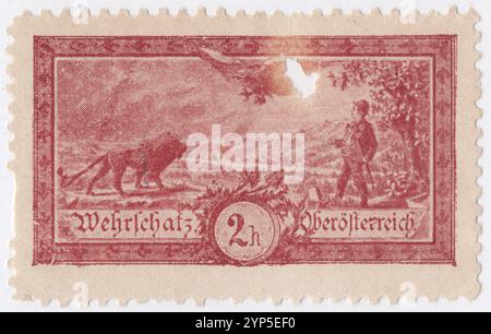 ÖSTERREICH - UM 1910: 2 heller-karminbraune Werbemarke mit dem Lion. Adler und Mann, Gratz Stockfoto