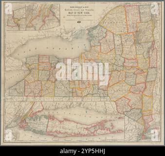 Rand McNally & Co.'s neue Eisenbahn-, County- und Township-Karte von New York: Zeigt jeden Bahnhof und jede Post im Bundesstaat 1885 Stockfoto