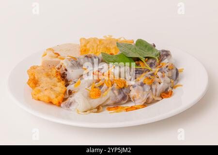 Banh Cuon Cha MUC Ha Long, vietnamesische gedämpfte Reispapierrollen mit Hackfleisch im Inneren und Tintenfisch-Kuchen, vietnamesisches Essen isoliert auf weißem Hintergrund, Stockfoto