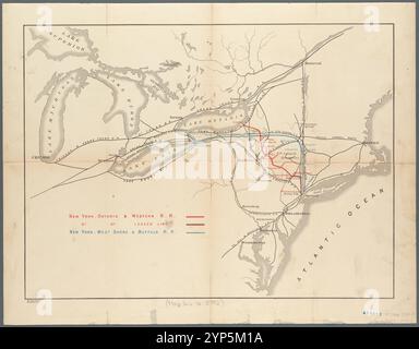 Karte mit der Route der New York, Ontario, & Western R. R. und New York, West Shore & Buffalo R. R. R.: Und der Verbindungen der wichtigsten Eisenbahnlinien im Mittleren Westen, New England, den Staaten des Mittleren Atlantiks und im Süden von Ontario und Quebec, Kanada 1880 - 1889 Stockfoto