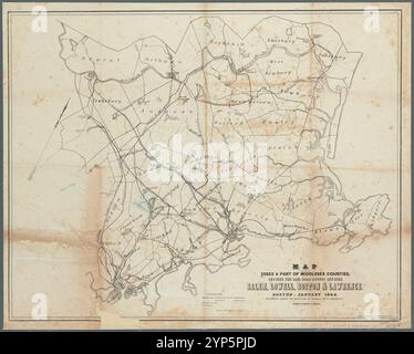 Karte von Essex und einem Teil der Middlesex Countys mit den Eisenbahnstrecken zwischen Salem, Lowell, Boston und Lawrence 1848 Stockfoto