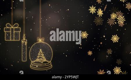 Weihnachtsdekoration auf goldenem Hintergrund mit Schnee und Flocken. Weihnachtsbaum, Geschenk- und Kerzenelemente. Stockfoto