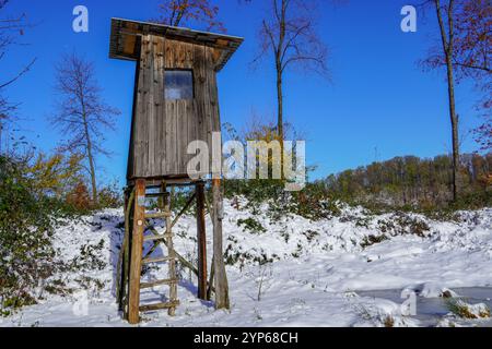 Ein hoher Holzjägerstand am Waldrand mit Blick auf einen großen Wald Stockfoto