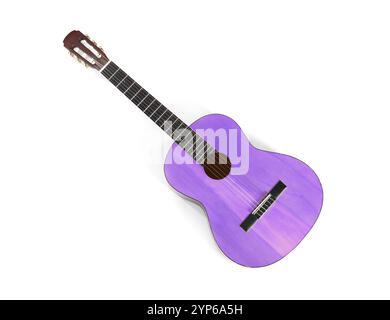 Violette Akustikgitarre auf weißem Hintergrund. Musikinstrument Stockfoto