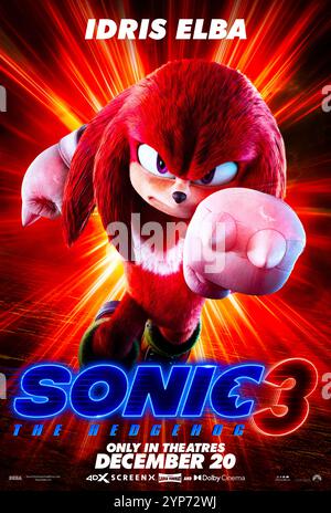 Sonic the Hedgehog 3 (2024) von Jeff Fowler mit Idris Elba als Stimme von Knuckles. Sonic, Knuckles und Tails vereinen sich gegen einen mächtigen neuen Gegner, Shadow, einen mysteriösen Bösewicht mit Kräften, die sie bisher nicht erlebt haben. Poster mit US-Zeichen **NUR FÜR REDAKTIONELLE ZWECKE***. Quelle: BFA / Paramount Pictures Stockfoto