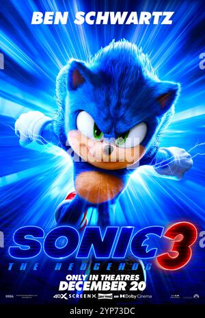 Sonic the Hedgehog 3 (2024) von Jeff Fowler mit Ben Schwartz als Stimme von Sonic. Sonic, Knuckles und Tails vereinen sich gegen einen mächtigen neuen Gegner, Shadow, einen mysteriösen Bösewicht mit Kräften, die sie bisher nicht erlebt haben. Poster mit US-Zeichen **NUR FÜR REDAKTIONELLE ZWECKE***. Quelle: BFA / Paramount Pictures Stockfoto