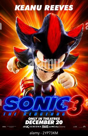 Sonic the Hedgehog 3 (2024) von Jeff Fowler mit Keanu Reeves als Stimme von Shadow. Sonic, Knuckles und Tails vereinen sich gegen einen mächtigen neuen Gegner, Shadow, einen mysteriösen Bösewicht mit Kräften, die sie bisher nicht erlebt haben. Poster mit US-Zeichen **NUR FÜR REDAKTIONELLE ZWECKE***. Quelle: BFA / Paramount Pictures Stockfoto