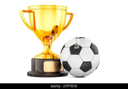Gold Trophäe cup Award und Fußball, 3D-Rendering auf weißem Hintergrund Stockfoto
