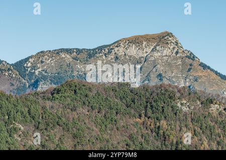 Gipfel von Friaul Julisch Venetien oberhalb von Illegio: Berglandschaft mit Winterfarben und klarem Himmel, Atmosphäre des Friedens und der Ruhe. Stockfoto