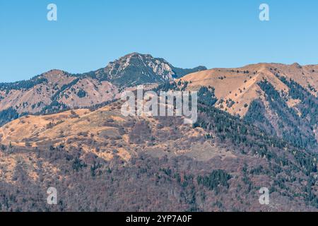 Gipfel von Friaul Julisch Venetien oberhalb von Illegio: Berglandschaft mit Winterfarben und klarem Himmel, Atmosphäre des Friedens und der Ruhe. Stockfoto