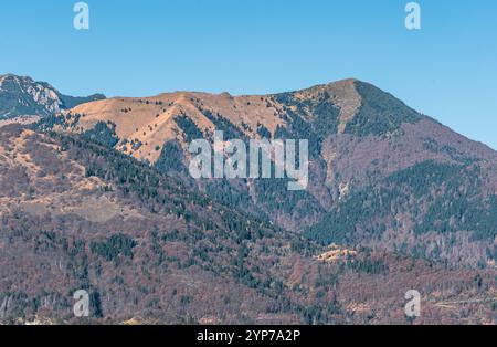 Gipfel von Friaul Julisch Venetien oberhalb von Illegio: Berglandschaft mit Winterfarben und klarem Himmel, Atmosphäre des Friedens und der Ruhe. Stockfoto