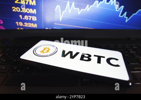 In dieser Abbildung wird das Wrapped Bitcoin (WBTC)-Logo auf einem Smartphone-Bildschirm angezeigt Stockfoto