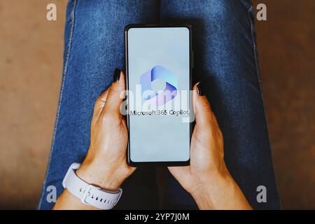 In dieser Abbildung wird das Microsoft 365 Copilot Logo auf einem Smartphone-Bildschirm angezeigt Stockfoto