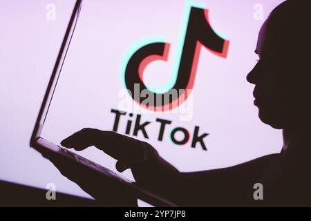 In dieser Abbildung ist das TikTok-Logo im Hintergrund einer Silhouette einer Person zu sehen, die ein Notizbuch verwendet Stockfoto