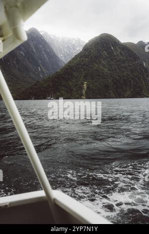 Blick vom Boot über das Wasser und die hohen, bewaldeten Berge im Hintergrund, Milford Sound, Neuseeland, Ozeanien Stockfoto