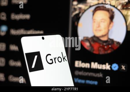 In dieser Foto-Illustration wird das Grok-Logo auf einem Smartphone mit dem offiziellen Profil von Elon Musk, des sozialen Netzwerks X in der Backgr angezeigt Stockfoto